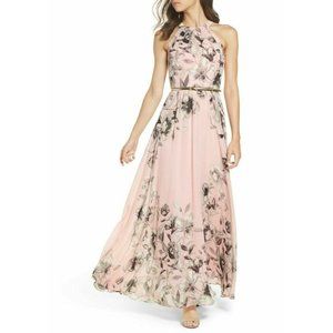 ELIZA J Belted Chiffon Halter Maxi DRESS GOWN SIZE 0P  $158 PINK NORDSTROM